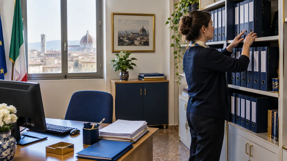Segreteria scolastica archivia nei raccoglitori le convenzioni di formazione scuola-lavoro firmate