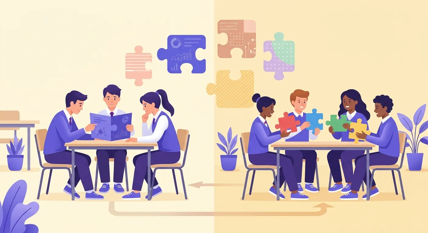 Illustrazione del metodo jigsaw cooperative learning con studenti che si scambiano competenze tra gruppo esperti e gruppo base