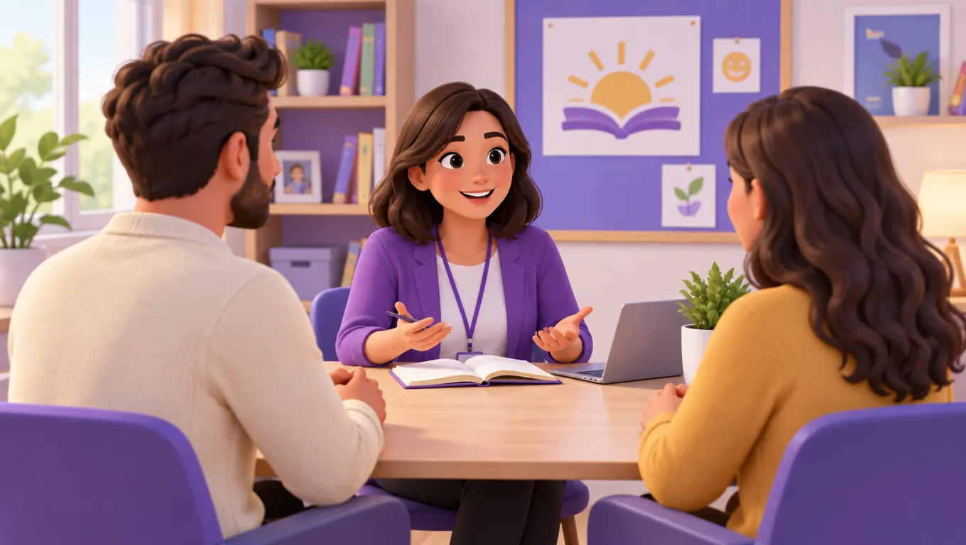 Coordinatore di classe durante un colloquio con i genitori di un alunno nella sala riunioni della scuola