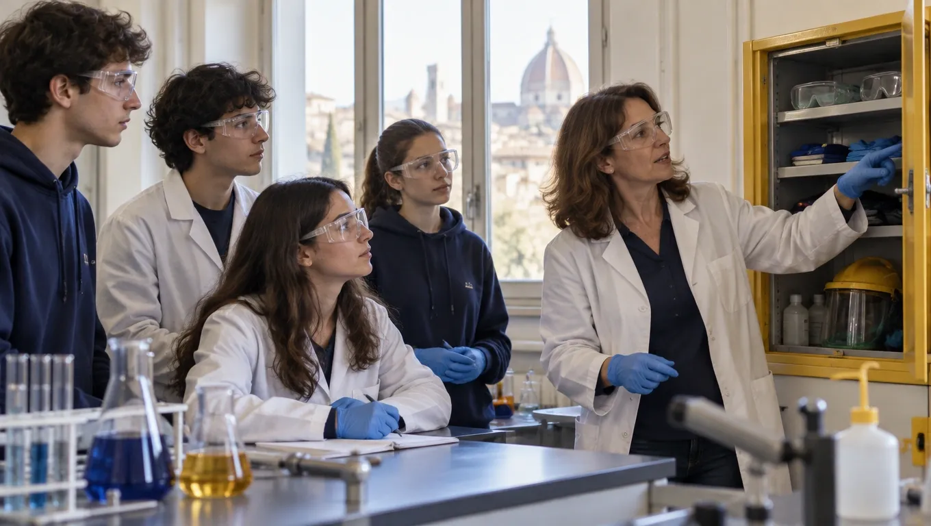 Studenti in laboratorio di chimica con occhiali e guanti dopo la formazione generale sulla sicurezza