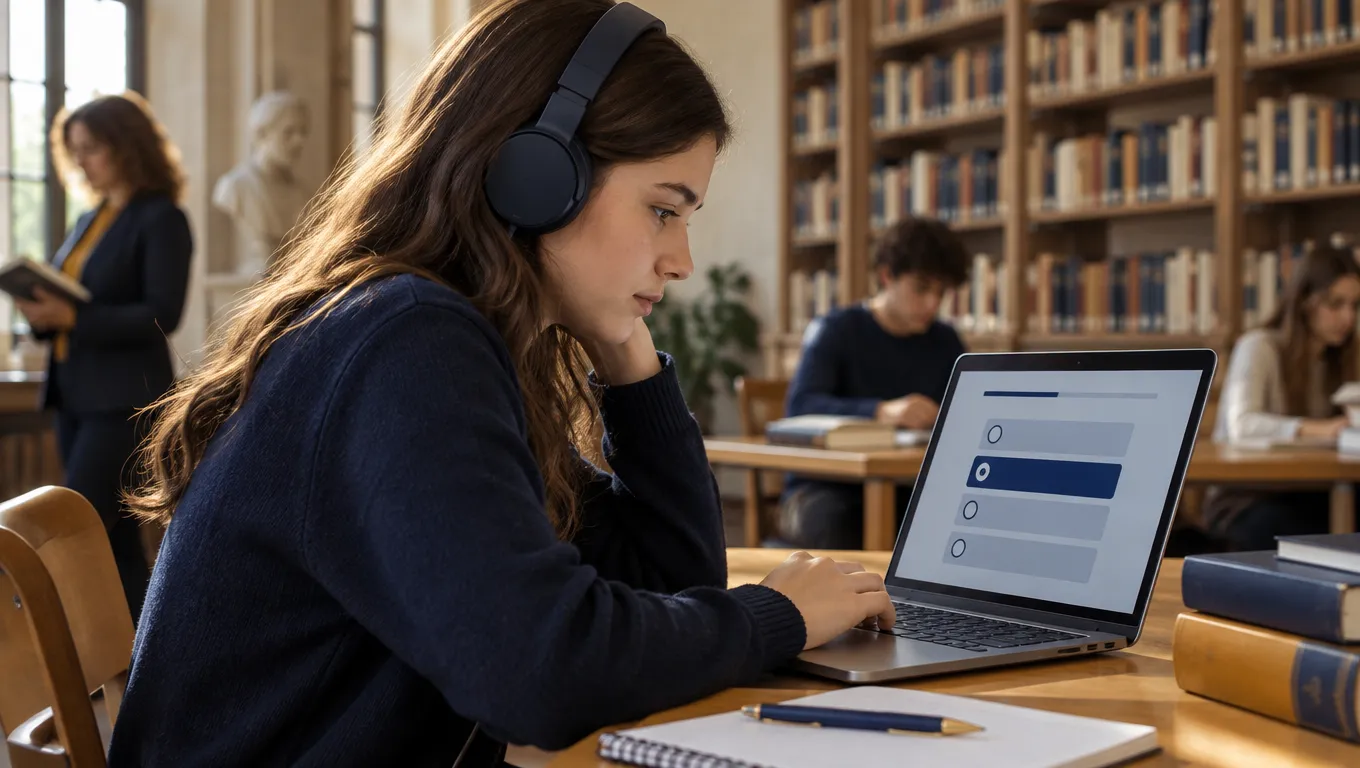 Studentessa con le cuffie svolge il test finale del corso sicurezza MIUR in biblioteca