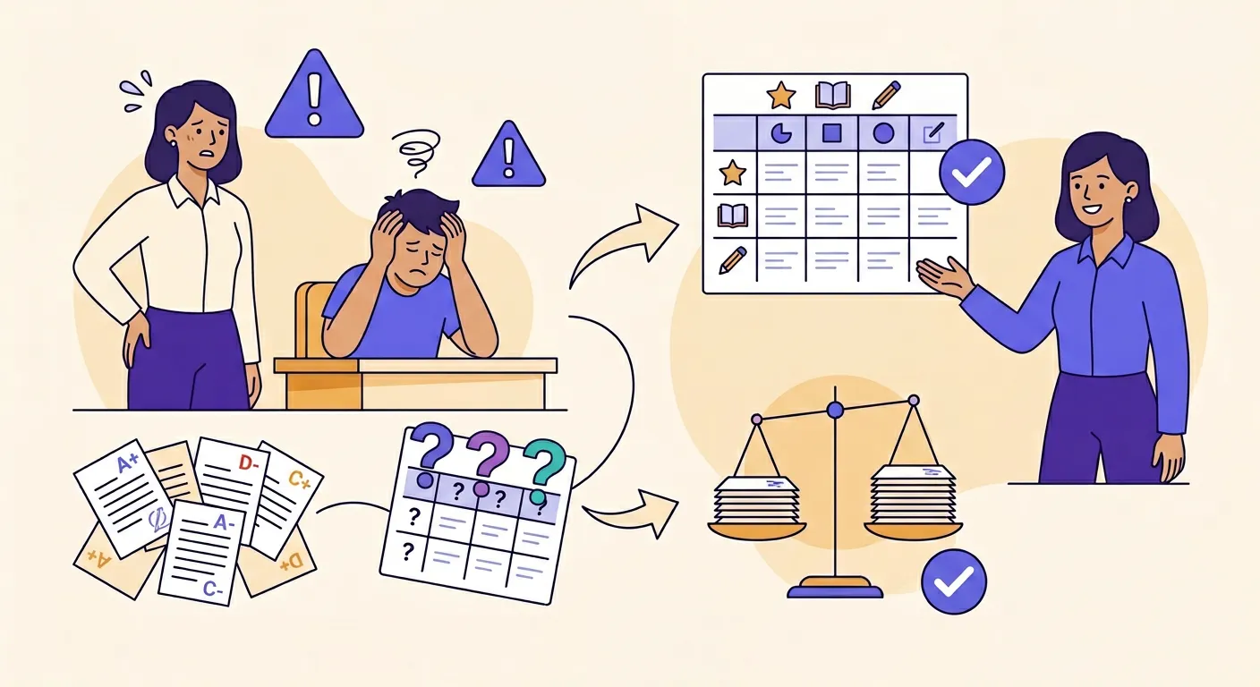 Docente che corregge verifiche con criteri di valutazione incoerenti e soluzioni per migliorare