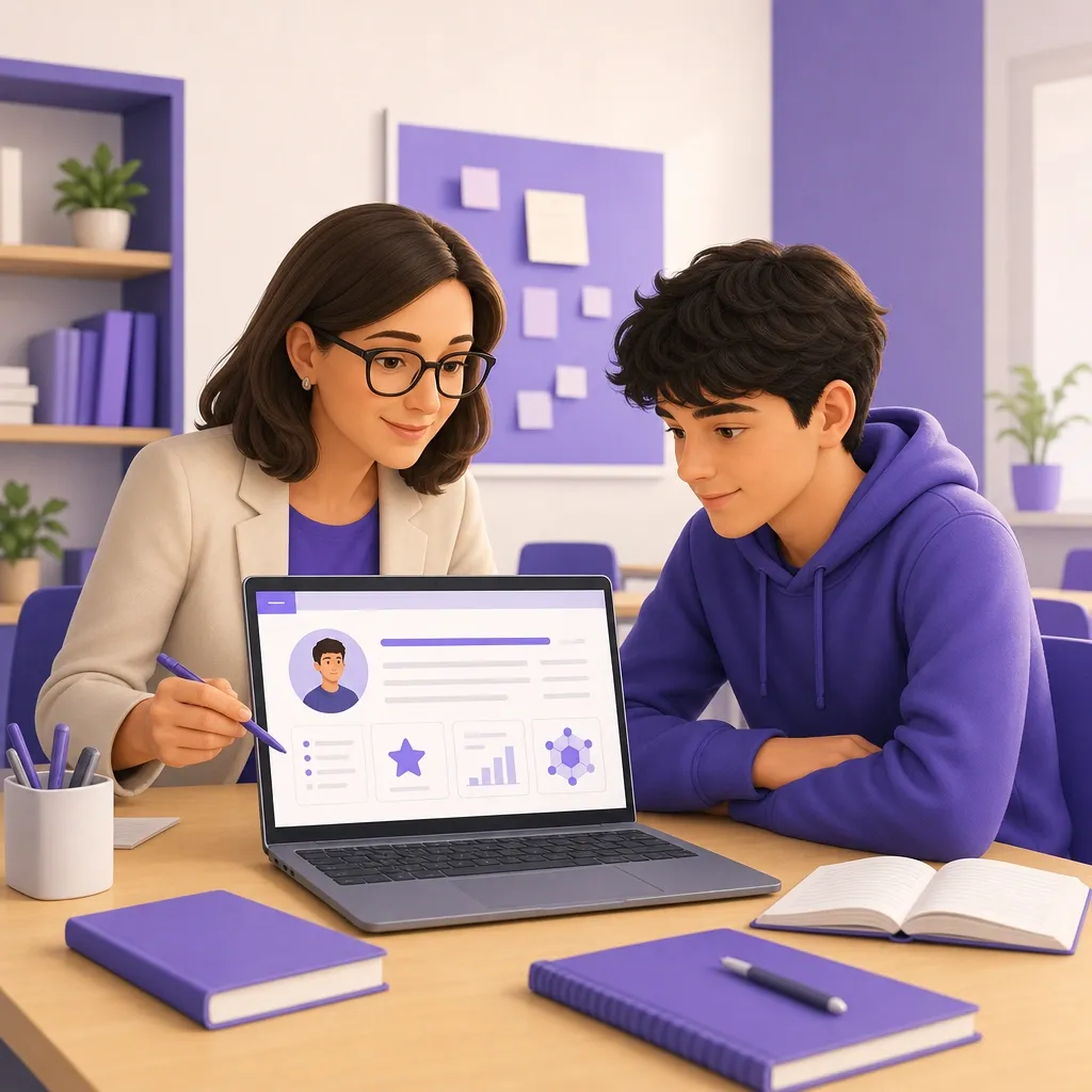 Docente coordinatore e studente consultano il curriculum dello studente sulla piattaforma digitale prima dell'esame