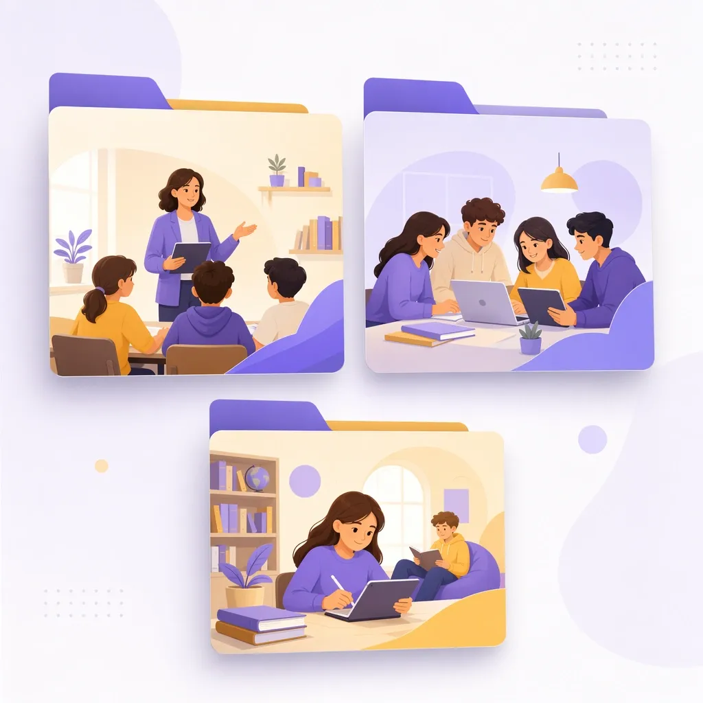 Tre sezioni distinte del curriculum dello studente illustrate come cartelle separate