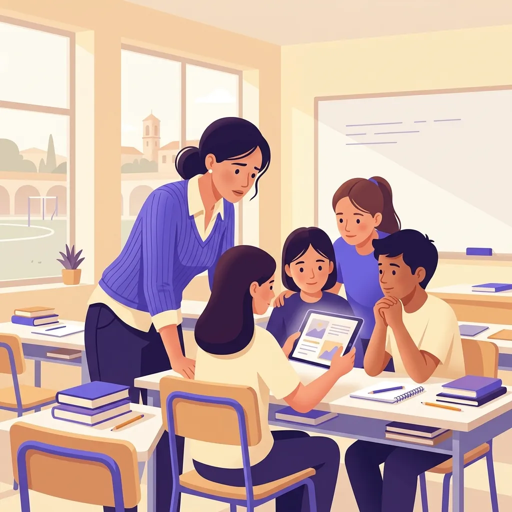 Docente italiana e studenti analizzano insieme casi di cyberbullismo a scuola in classe