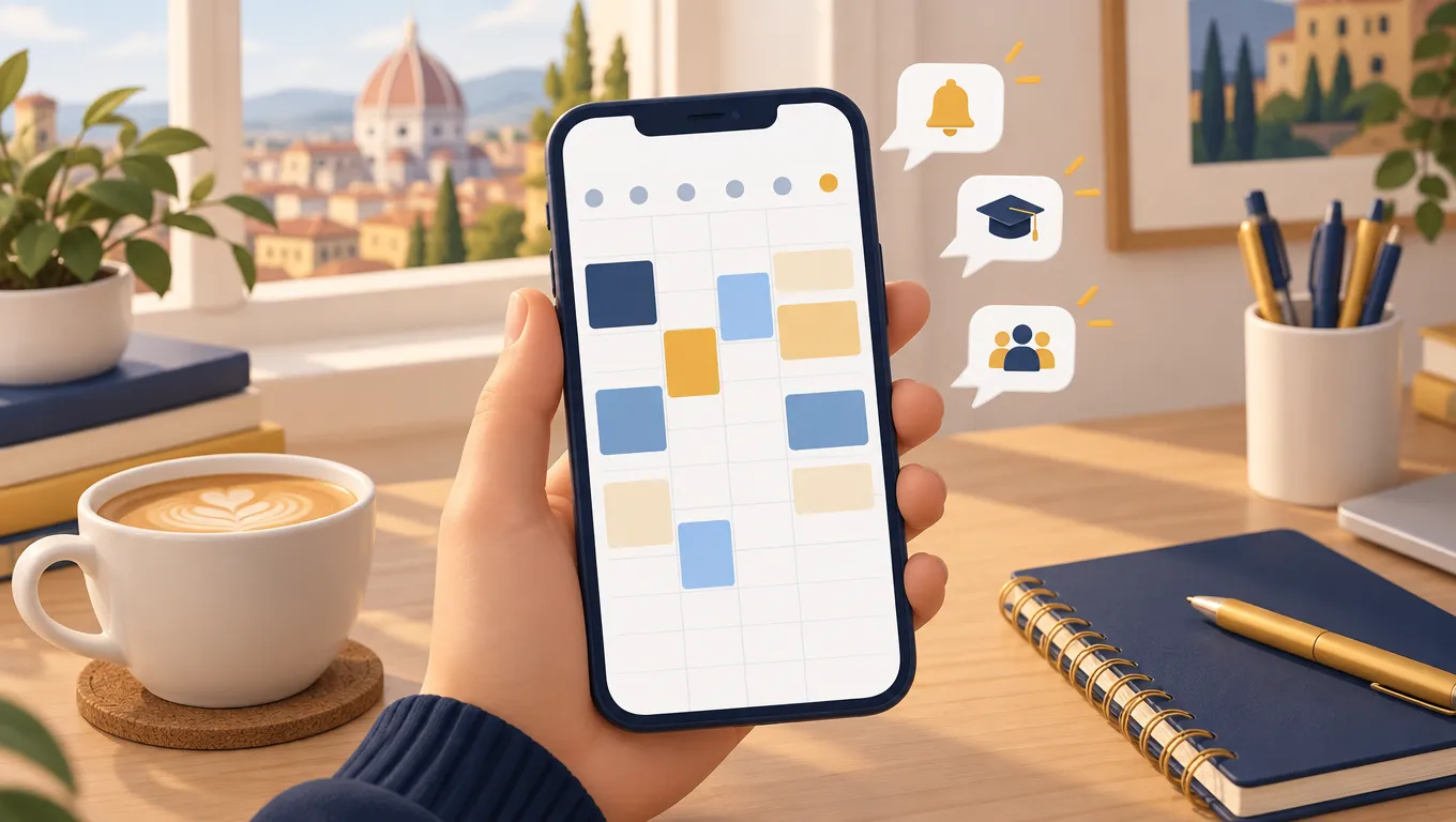 Telefono con il calendario settimanale delle ripetizioni online e i promemoria delle lezioni