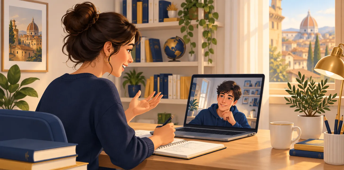 Docente dà ripetizioni online dal laptop a uno studente collegato in videochiamata dalla sua scrivania