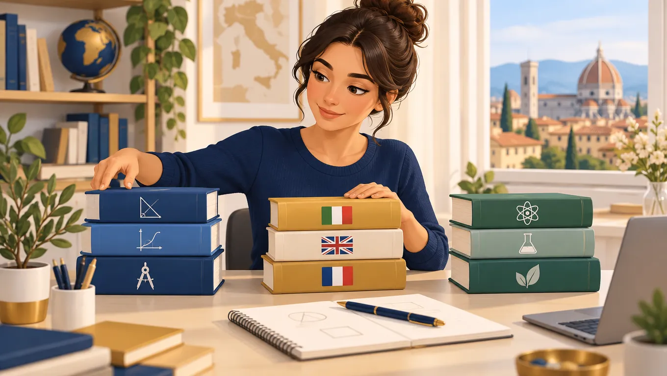 Docente sceglie le materie per dare ripetizioni online dividendo i libri per livello scolastico
