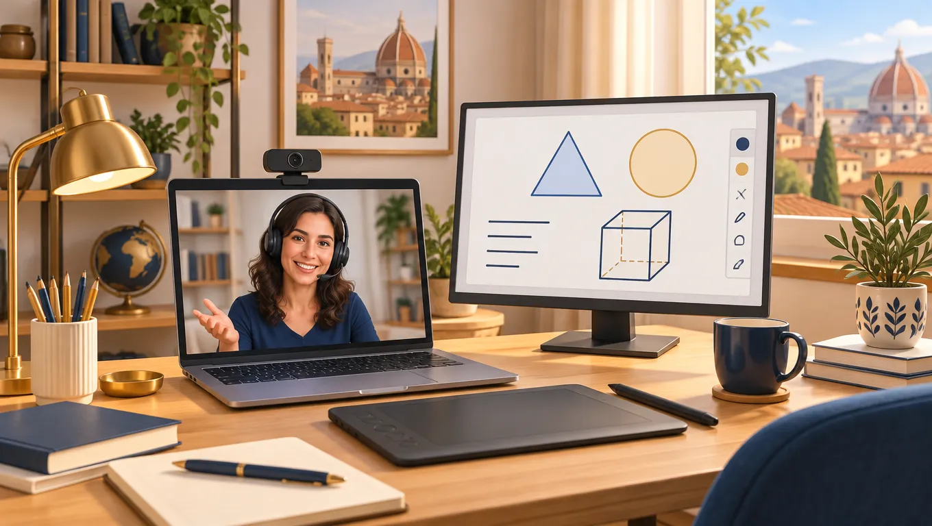 Postazione per dare ripetizioni online con laptop, webcam, cuffie, tavoletta grafica e lavagna digitale