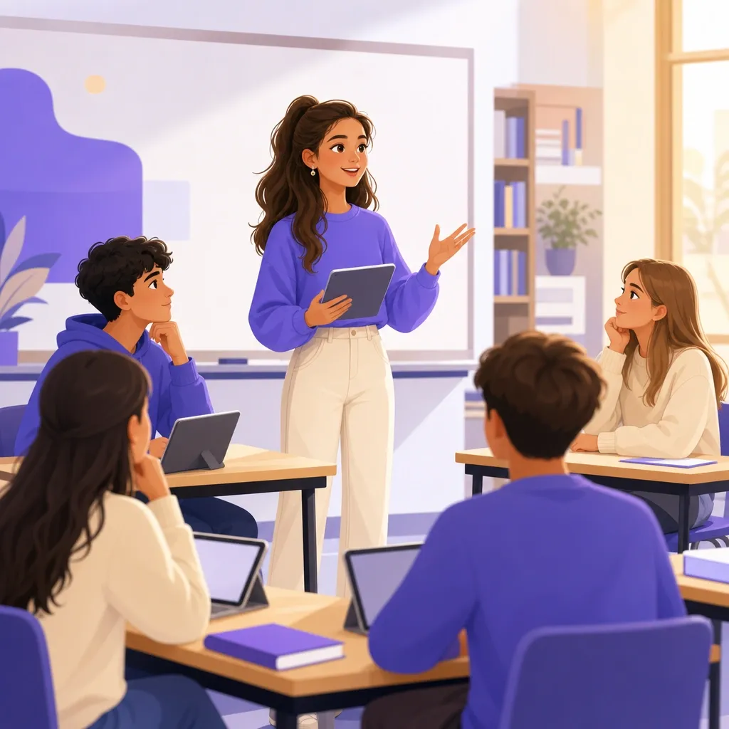 Studentessa parla in piedi davanti alla classe durante un debate mentre i compagni ascoltano