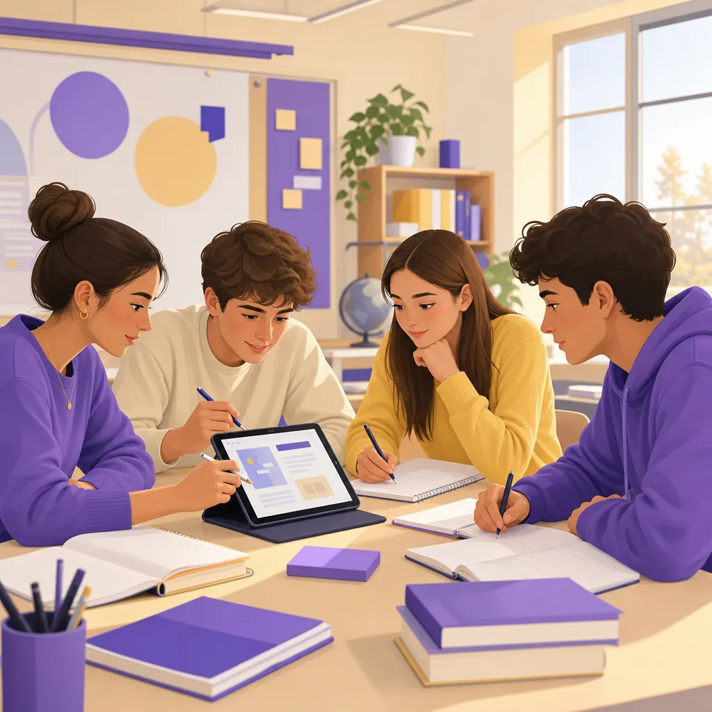 Gruppo di studenti prepara gli argomenti del debate cercando fonti su tablet e appunti al banco
