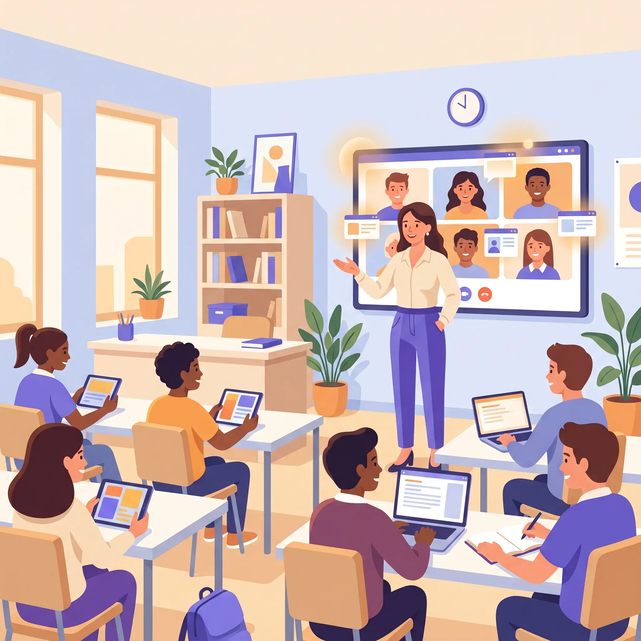 Docente in classe mentre uno schermo mostra studenti collegati a distanza nella didattica digitale integrata