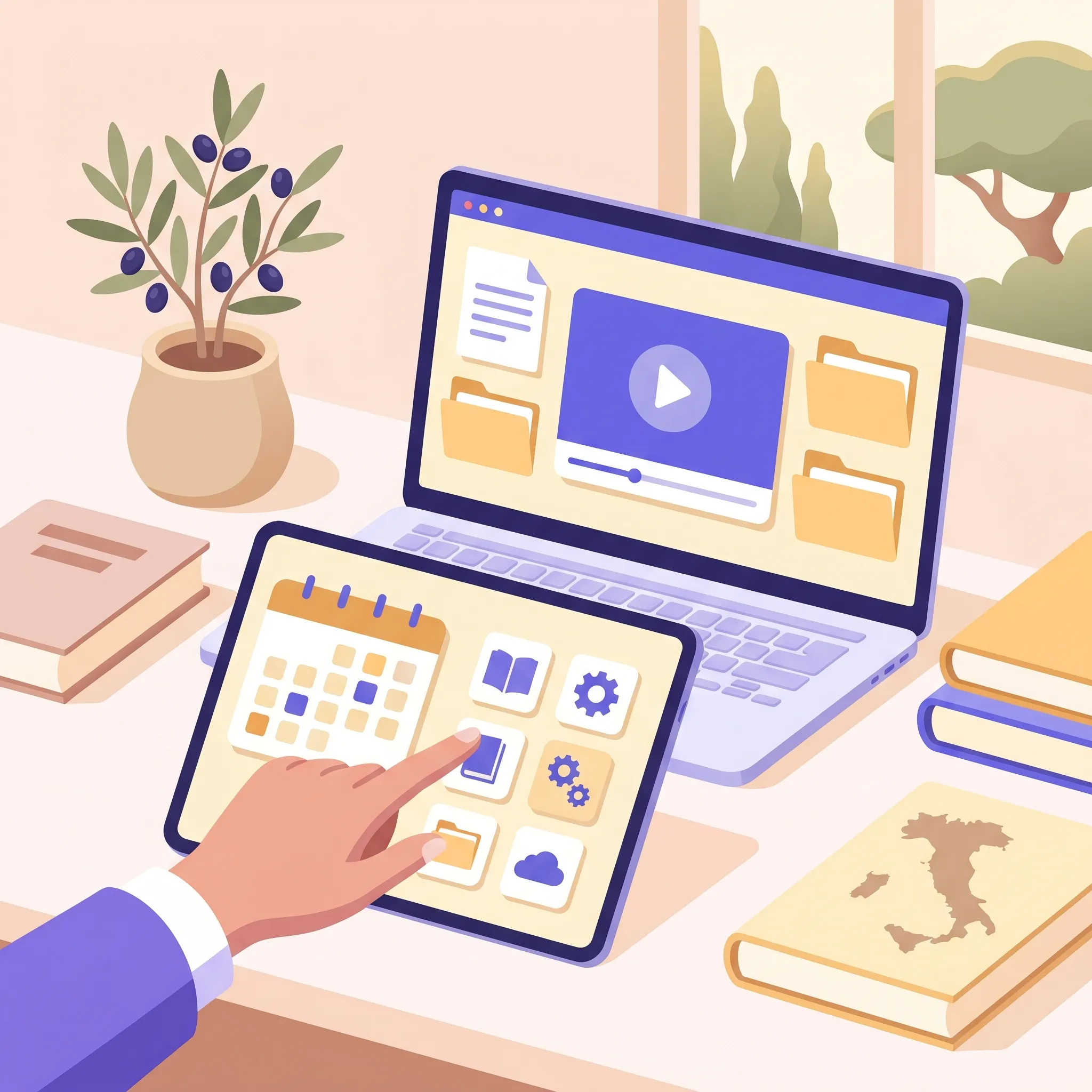 Spazio di lavoro digitale su tablet e laptop con materiali organizzati, video, cartelle e planning per la didattica digitale integrata