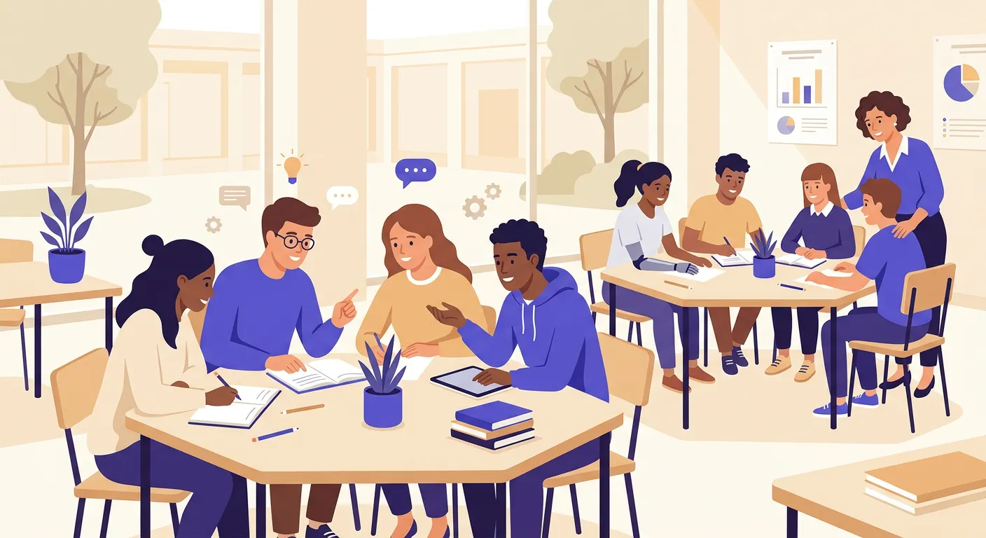 Studenti che lavorano in gruppo con apprendimento cooperativo in classe