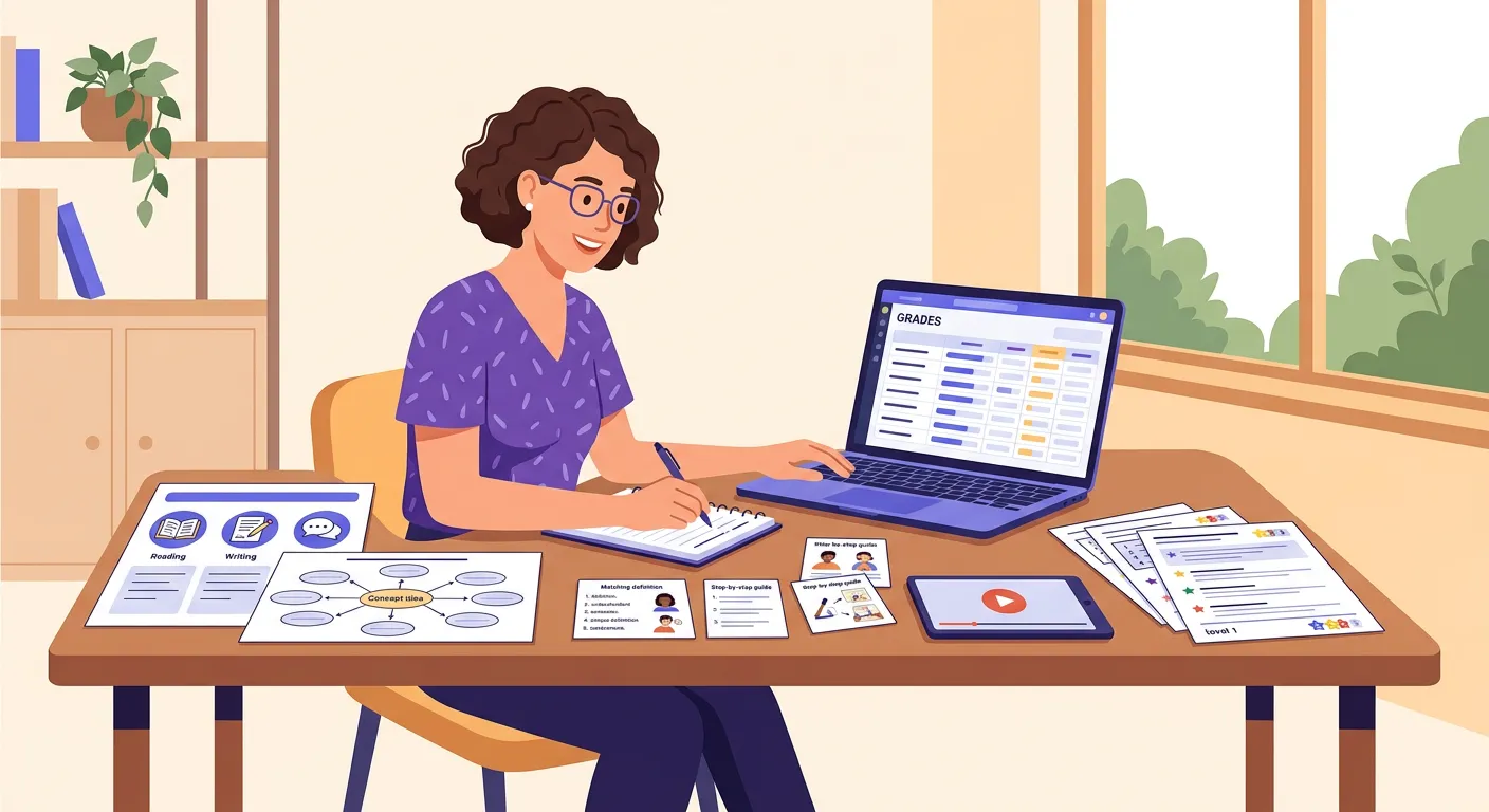 Docente che progetta una lezione inclusiva con materiali multilivello sulla scrivania