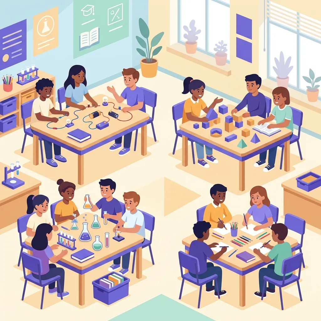 Studenti di scuola italiana lavorano in piccoli gruppi a un'attività di didattica laboratoriale