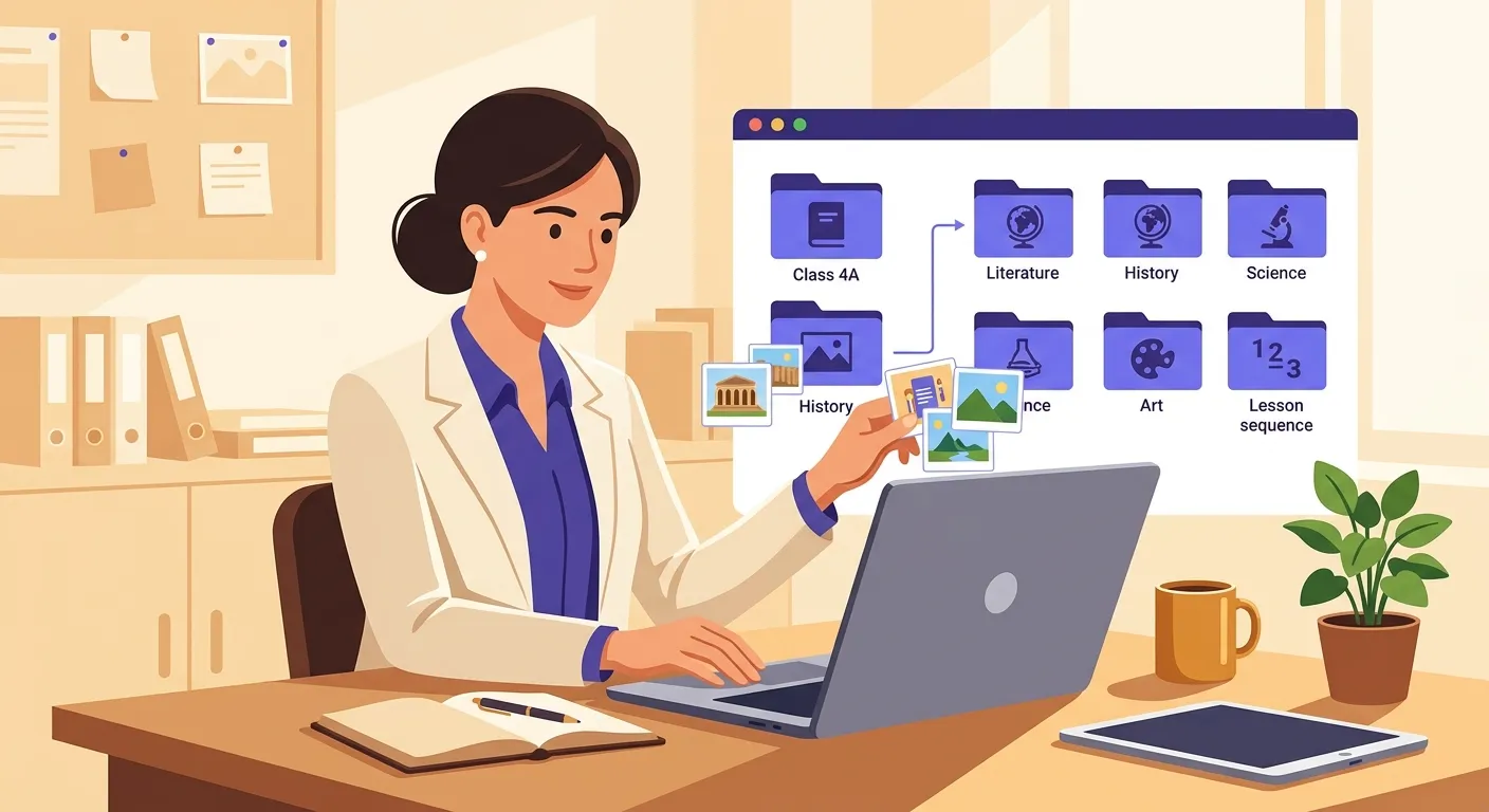 Docente organizza materiali e schede di didattica laboratoriale al computer con cartelle e foto