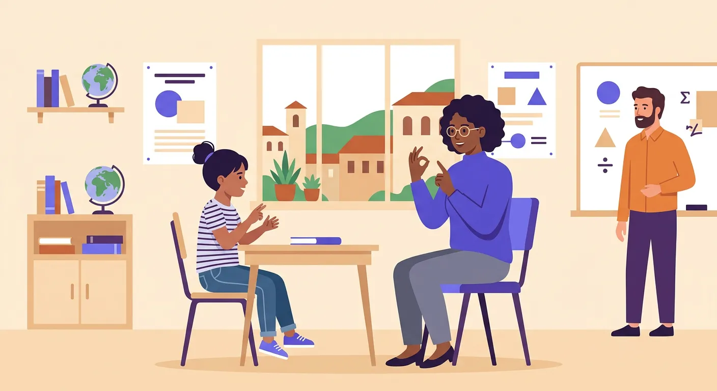 Interprete LIS lingua dei segni italiana traduce lezione per alunno sordo in classe scuola media