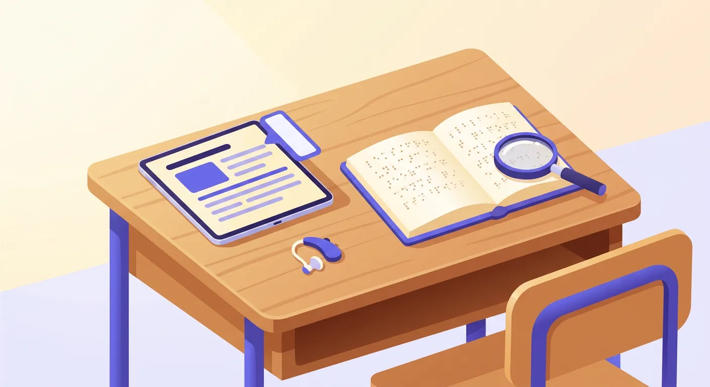 Strumenti compensativi per alunni ipovedenti con tablet ingrandito e libro Braille in classe primaria