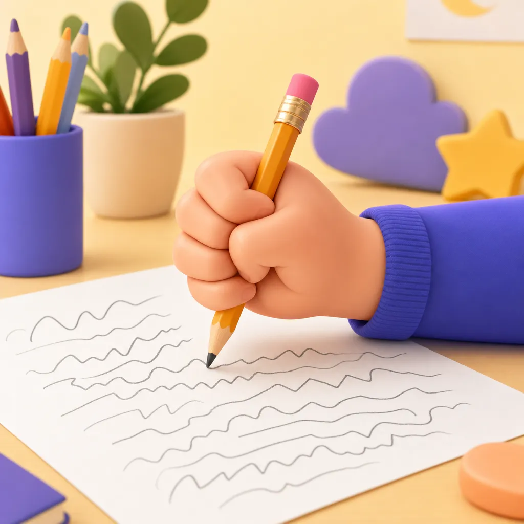 Mano di un bambino che stringe troppo la penna con postura scorretta su un foglio pieno di righe ondulate e irregolari