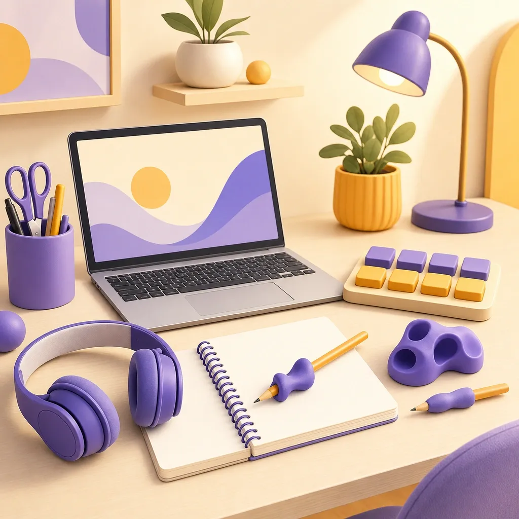 Scrivania con laptop, impugnatura ergonomica per matita e tessere di lettere in stampatello come strumenti compensativi per la scrittura