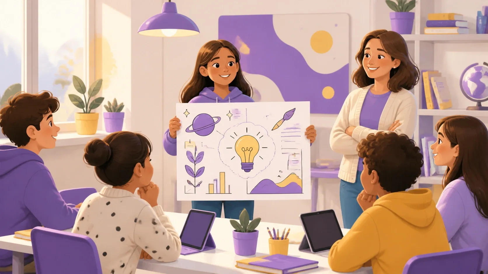 Alunno con dislessia sicuro di sé mentre presenta un lavoro creativo alla classe, valorizzando i suoi punti di forza