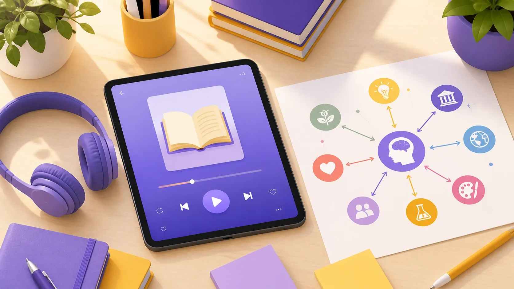 Tablet con audiolibro, cuffie e mappa concettuale a colori come strumenti compensativi per la dislessia