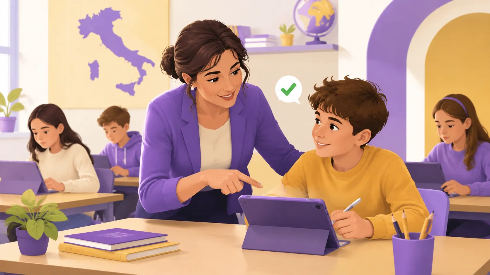 Docente che valuta il contenuto del lavoro di un alunno con dislessia dando un riscontro positivo, senza penalizzare la lettura