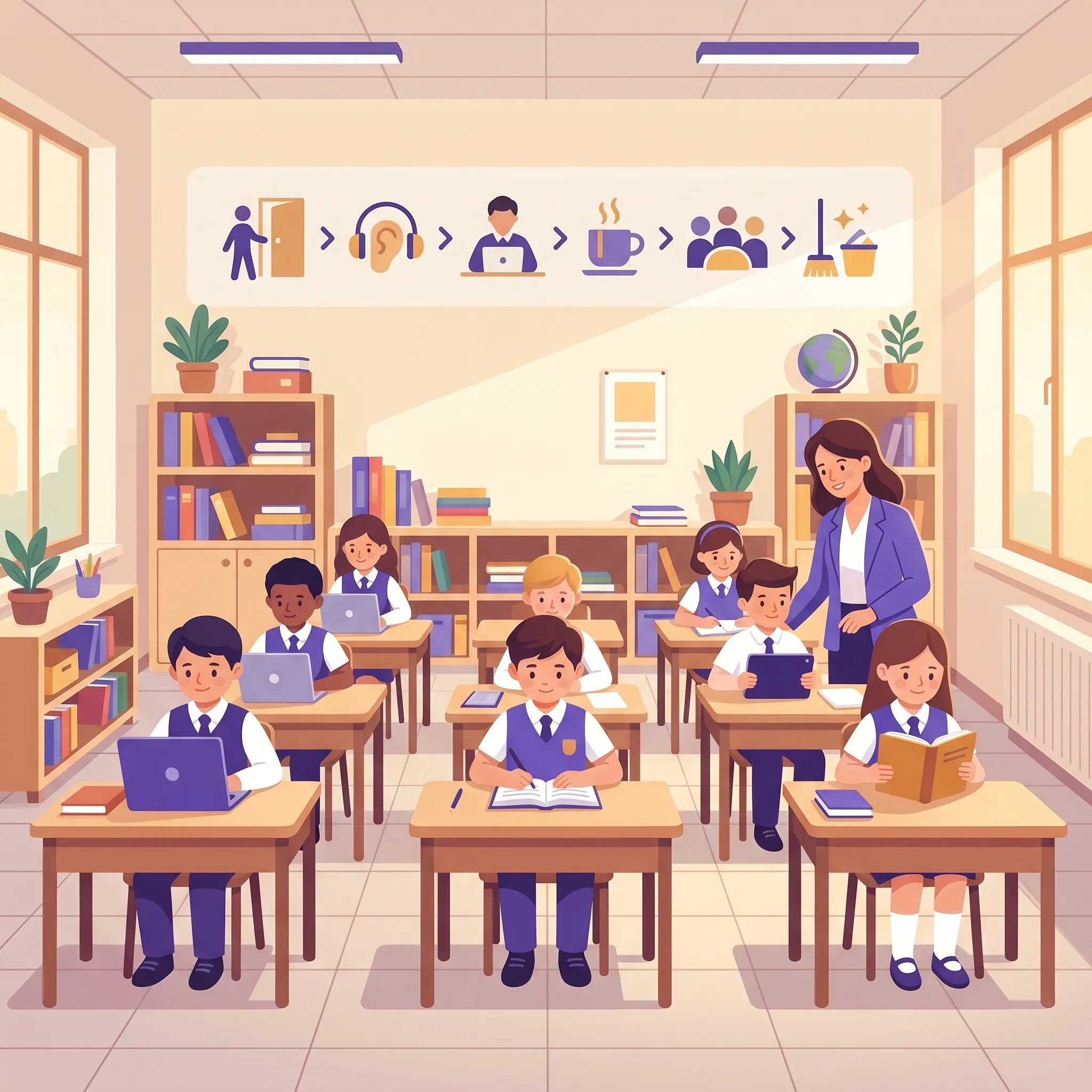 Classe ordinata e serena con una semplice routine visiva alla parete e studenti coinvolti