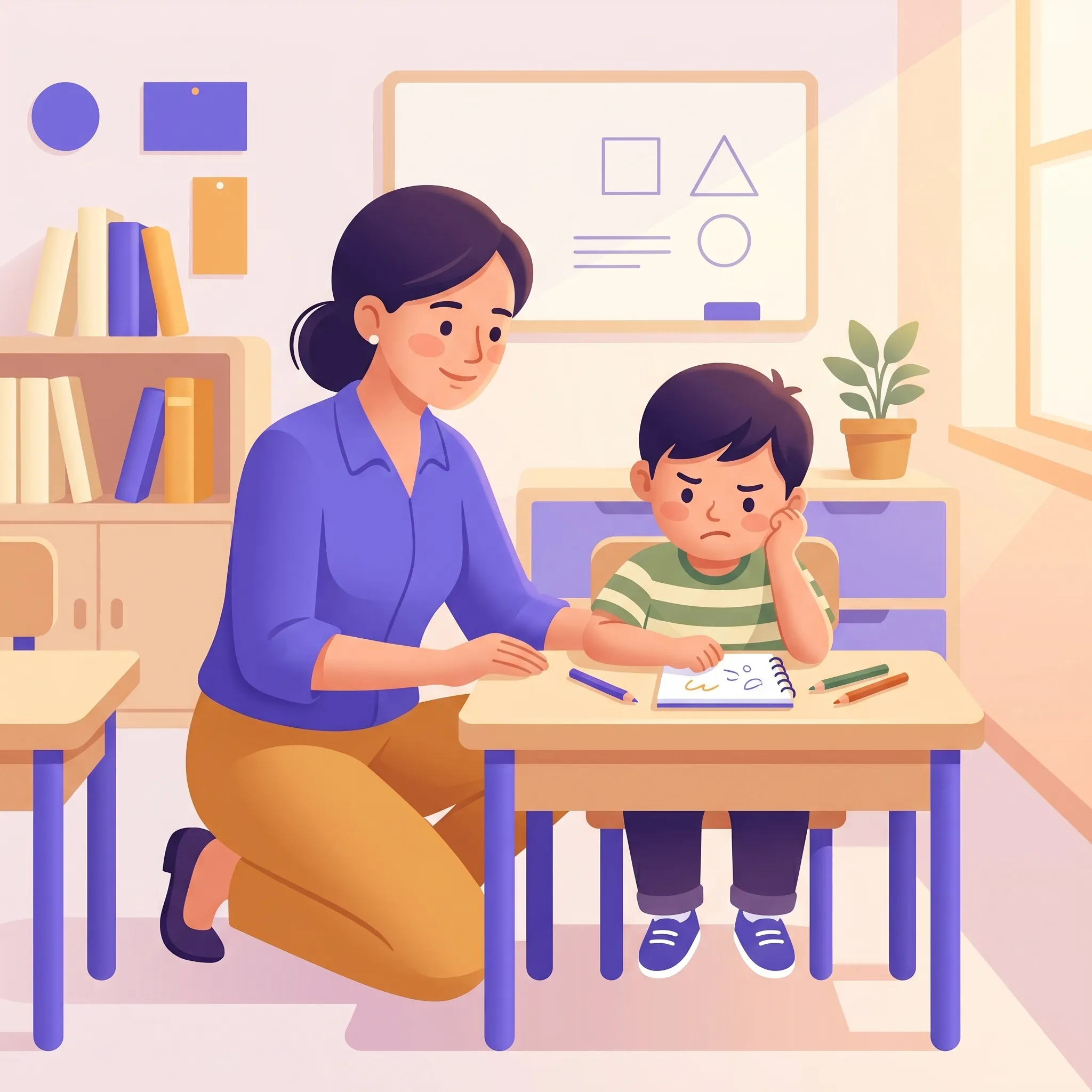 Insegnante che resta calmo e vicino a un alunno in difficoltà comportamentale al banco di scuola