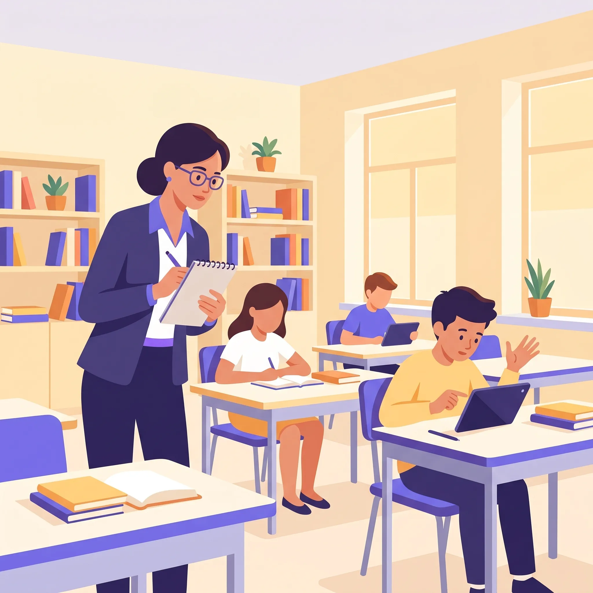 Insegnante che osserva con attenzione le dinamiche della classe prendendo appunti su un quaderno