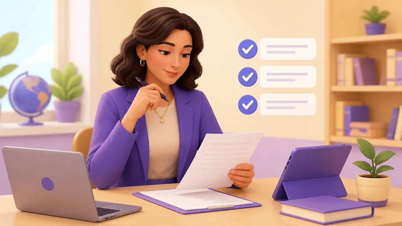 Docente che controlla una lista di verifiche prima di condividere documenti con dati di studenti