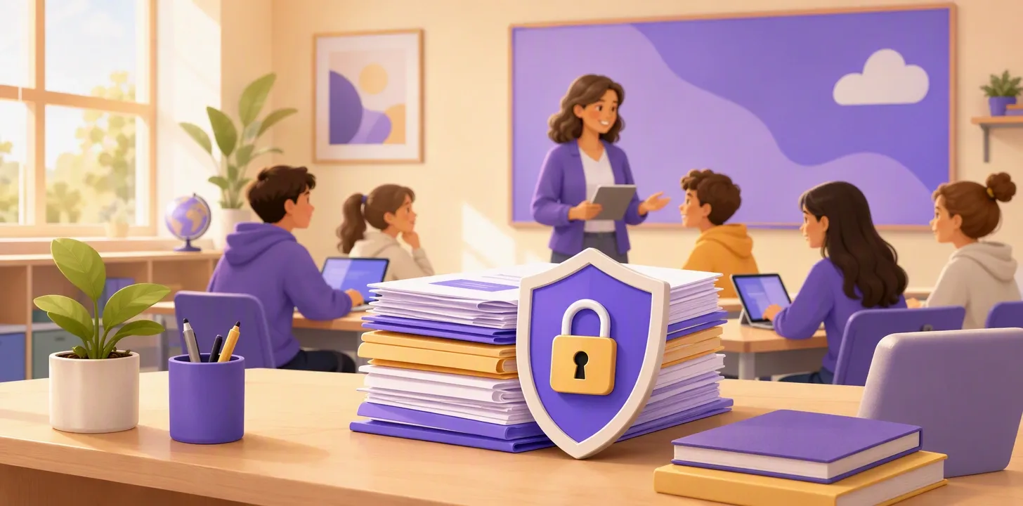 Documenti scolastici digitali protetti da un lucchetto che rappresenta la privacy dei dati degli studenti