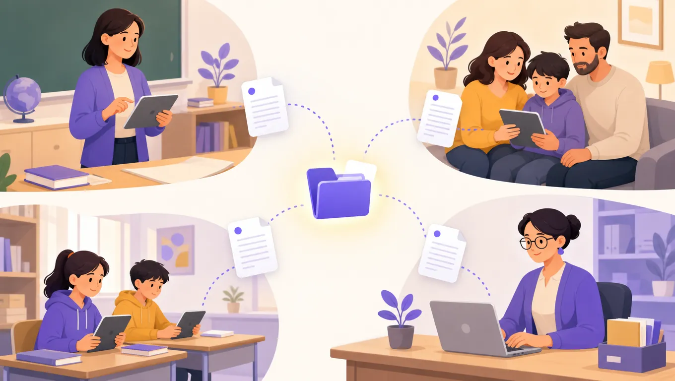 Flusso di documenti scolastici digitali che passano tra docente famiglie e segreteria