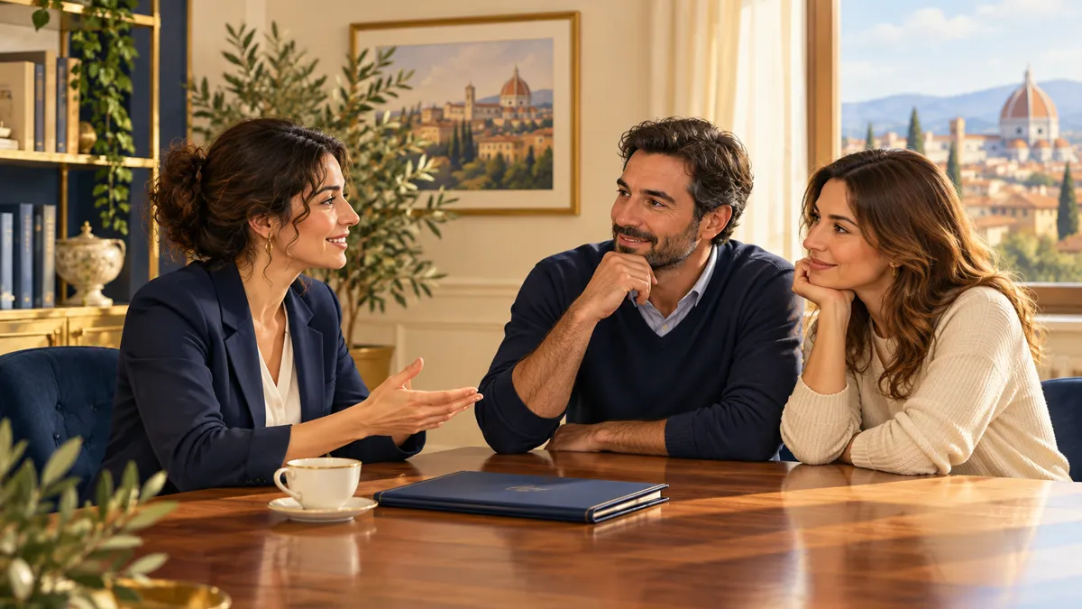 Tutor del doposcuola specialistico in colloquio con due genitori attorno a un tavolo con una cartellina chiusa