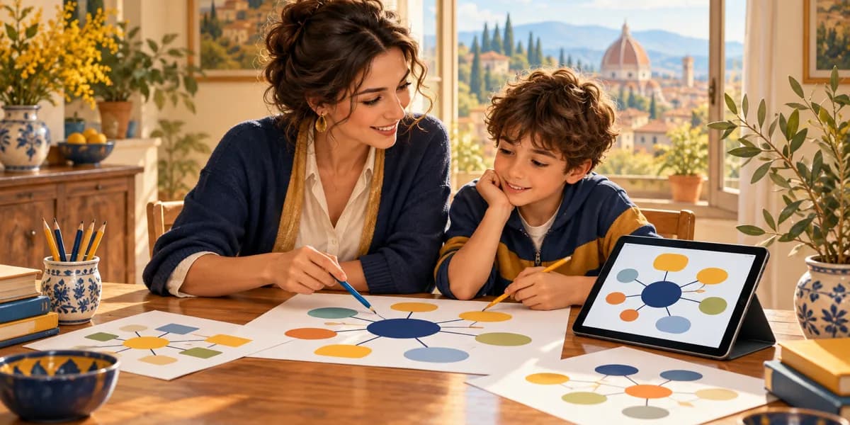 Tutor del doposcuola specialistico DSA lavora con un bambino usando mappe concettuali colorate e un tablet