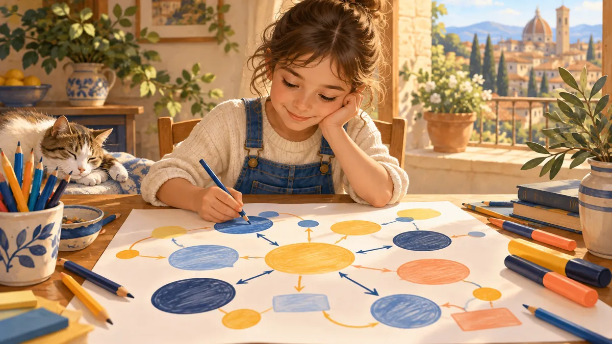 Bambino costruisce una mappa concettuale con forme colorate e frecce durante il doposcuola specialistico DSA