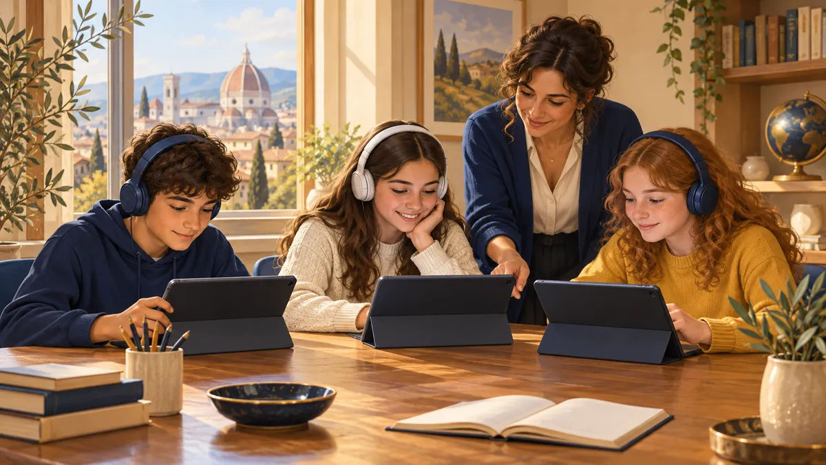 Piccolo gruppo di tre ragazzi delle medie con tablet e cuffie guidati da una tutor in una stanza silenziosa