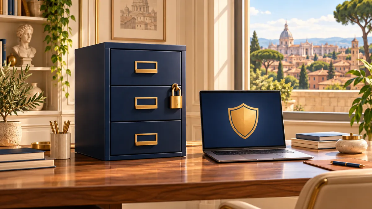 Armadio documenti chiuso a chiave e laptop con uno scudo sullo schermo nell'ufficio di un doposcuola specialistico