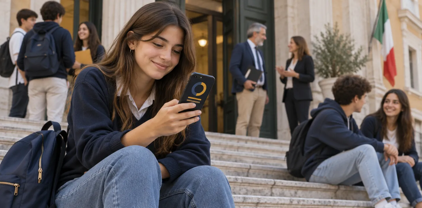Studente seduto sulle scale della scuola controlla dal telefono dove vedere le ore di PCTO e FSL