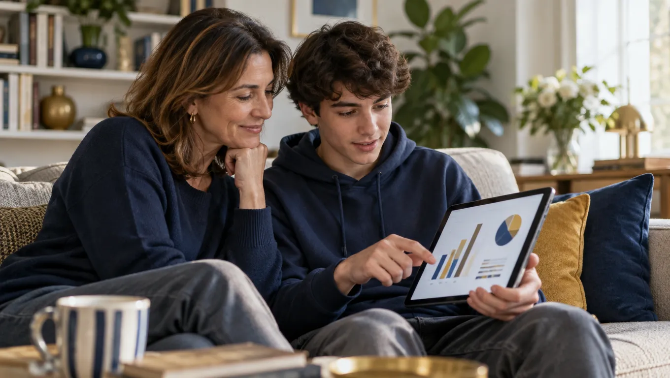 Madre e figlio guardano insieme sul tablet le ore di formazione scuola-lavoro dal portale genitore