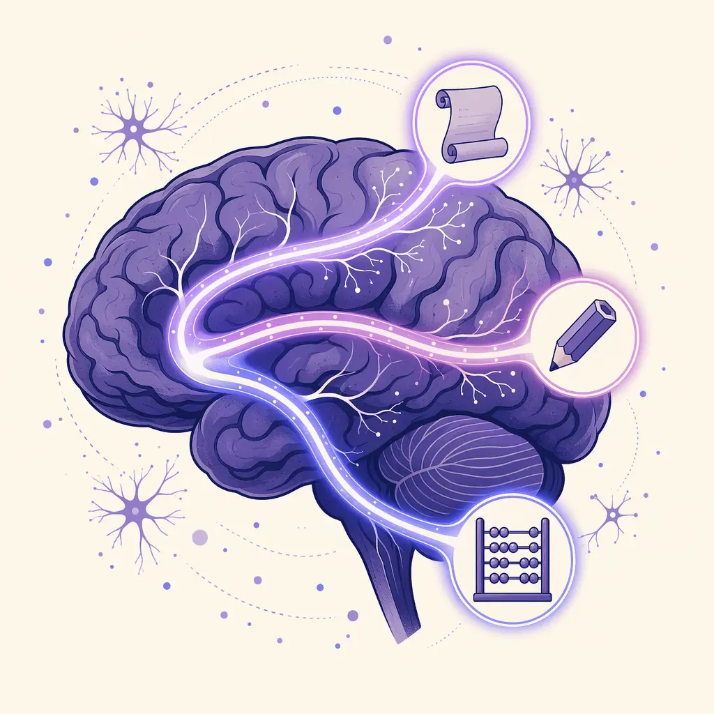 Illustrazione che mostra come il cervello dello studente con DSA elabora lettura scrittura e calcolo