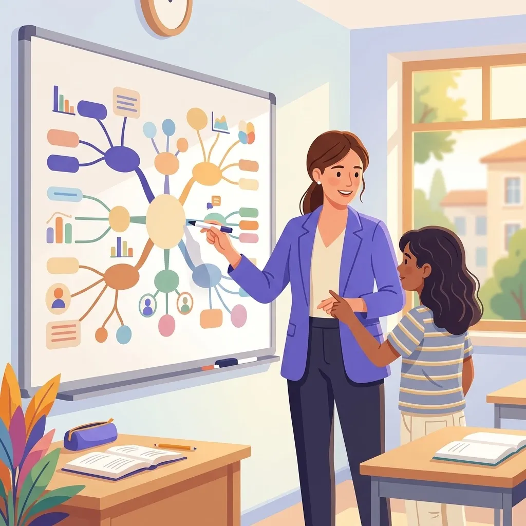 Insegnante di scuola media usa mappa concettuale visiva con alunno con disturbo del linguaggio
