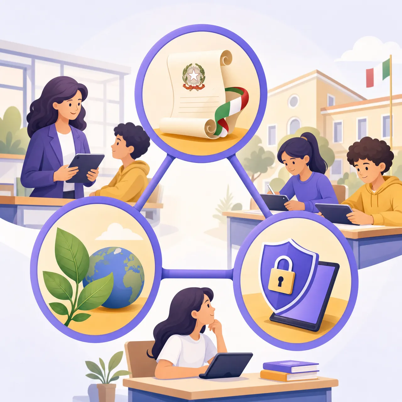 Schema visivo dei tre nuclei di educazione civica argomenti con esempi di temi per ogni nucleo