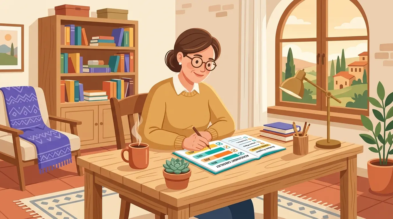 Docente che compila una griglia di valutazione per l'educazione civica con indicatori e livelli