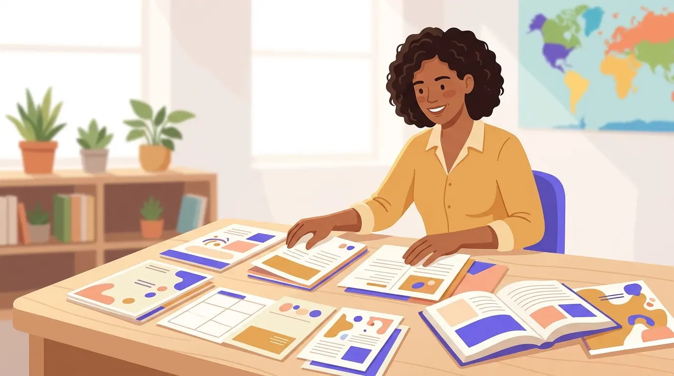 Docente che organizza la programmazione di educazione civica a scuola con materiali didattici