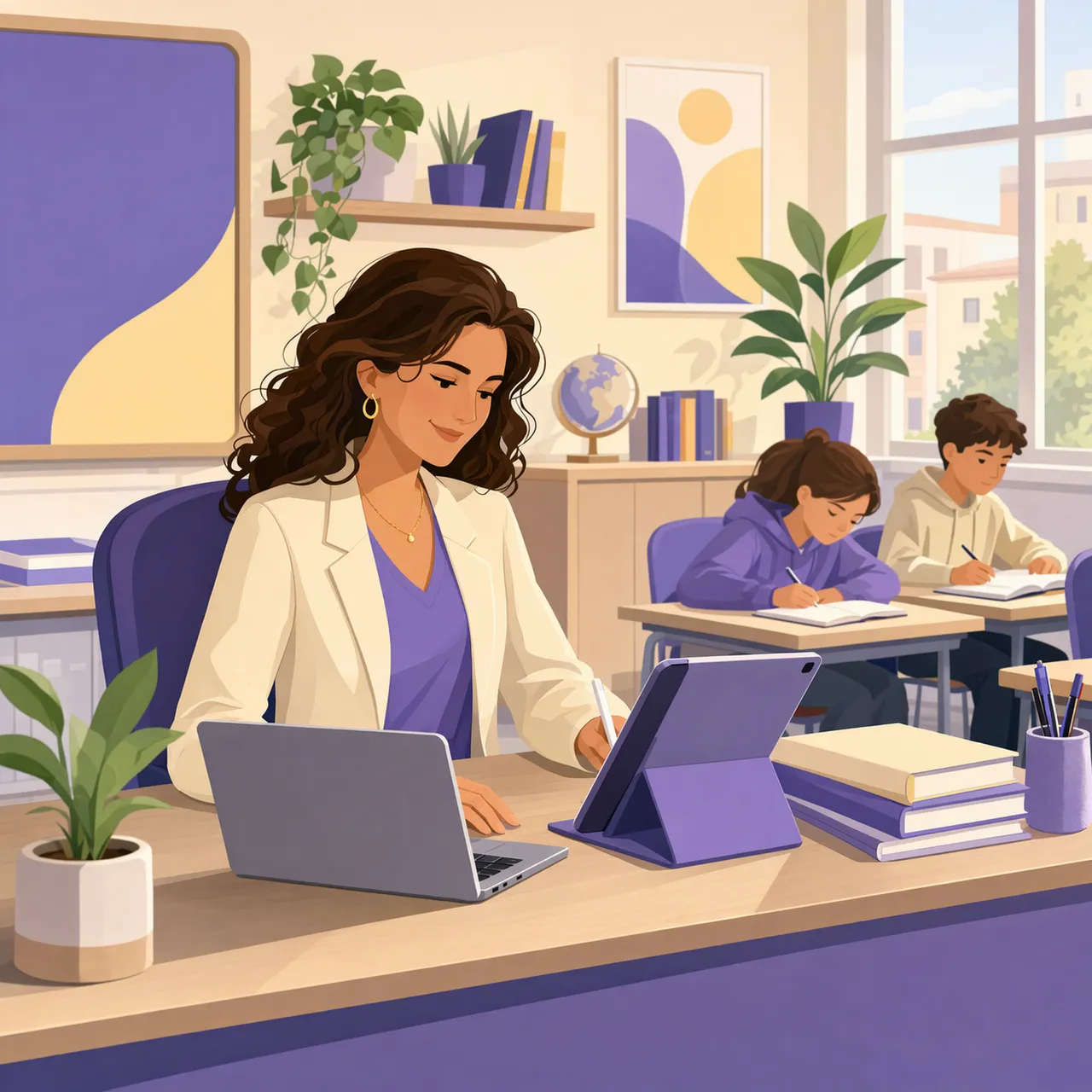 Docente sereno organizza la gestione dell'educazione civica con il registro digitale in classe
