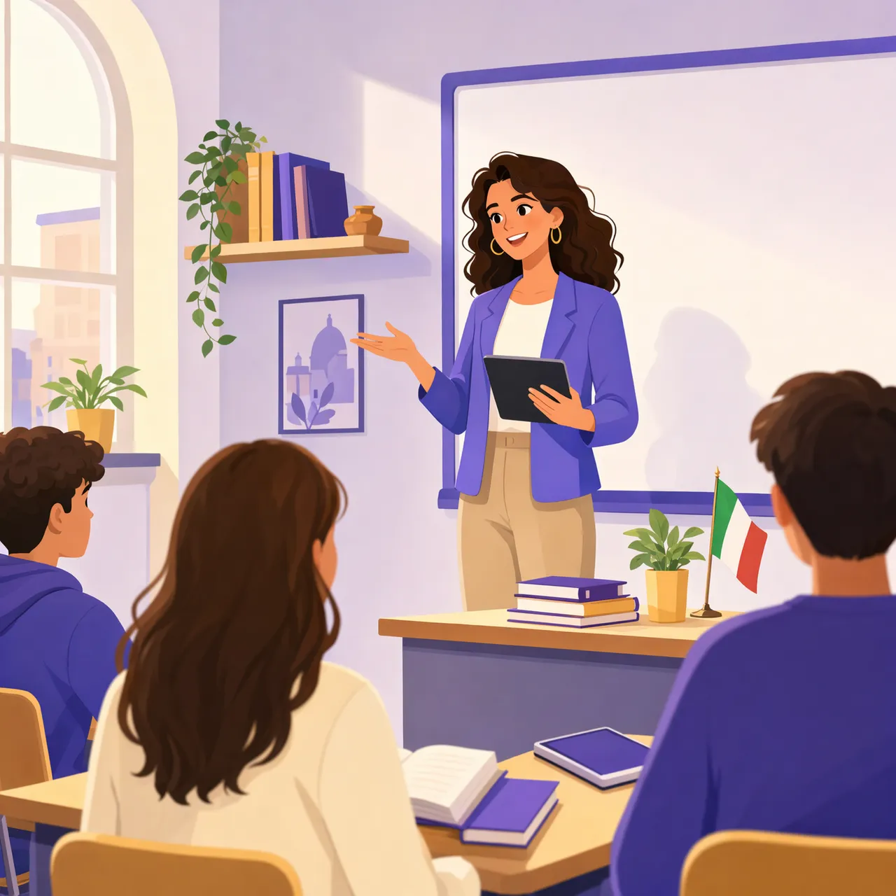 Docente spiega il significato dell'educazione civica a scuola davanti alla classe