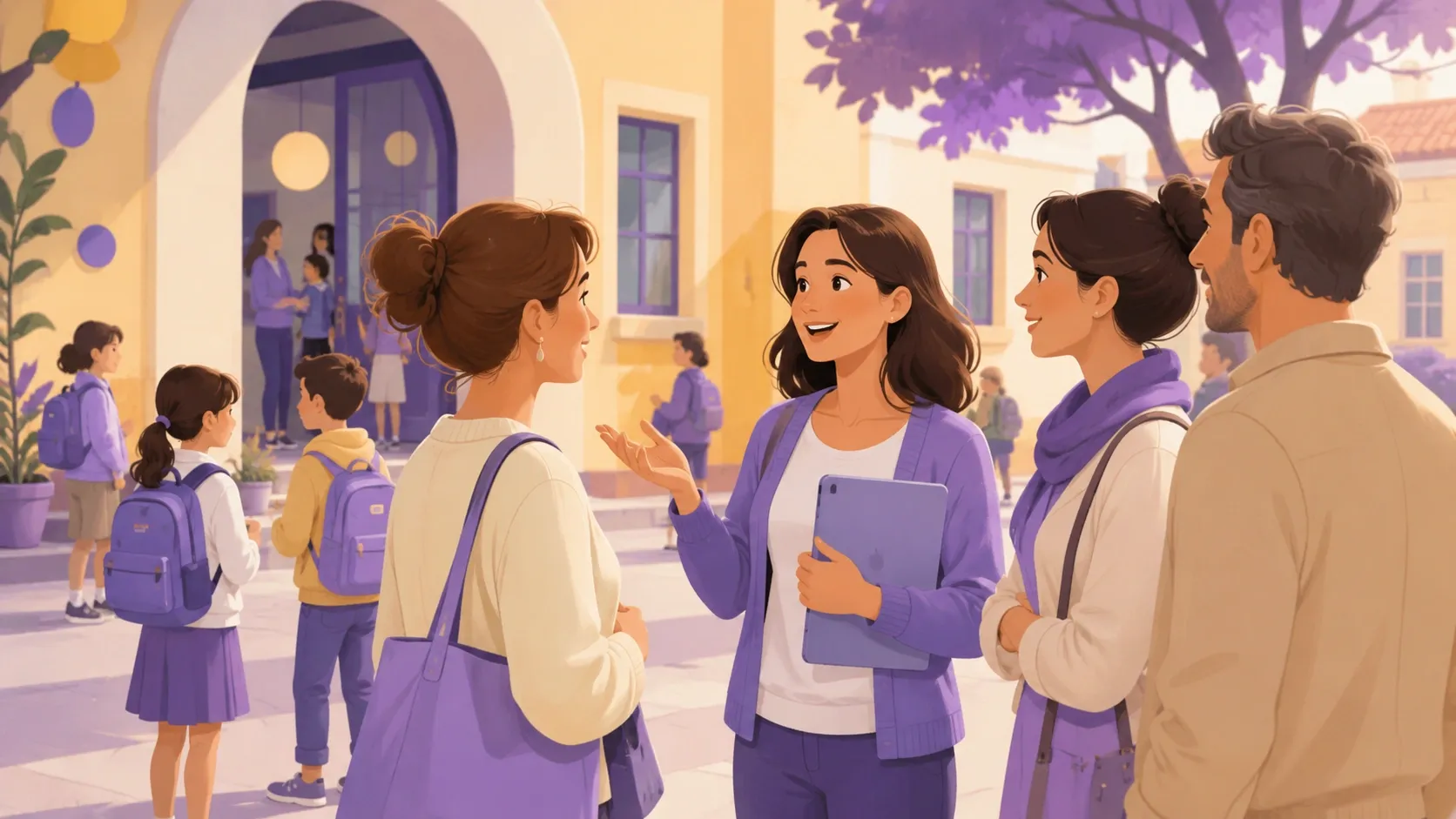 Rappresentante di classe dei genitori parla con altre famiglie nel cortile della scuola