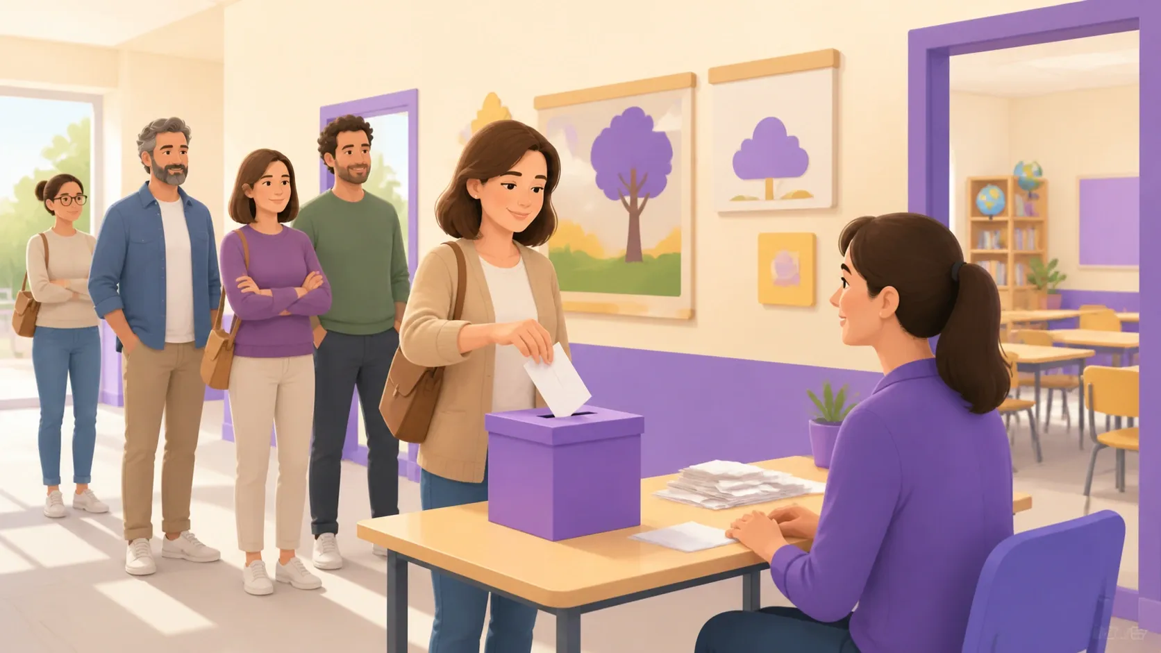 Genitori votano per le elezioni dei rappresentanti di classe con urna e schede sul banco